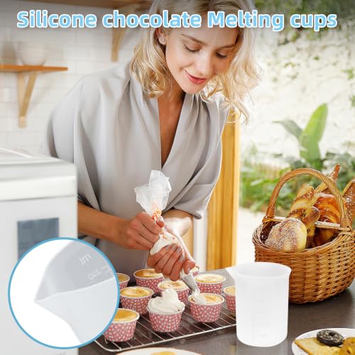 Silicone Cups for Melting Chocolate, 4Pack 100/250/350ml Capacity Silicone Measuring Cups with 2Pcs 5ml Droppers，Reusable Baking Supplies for DIY Chocolate Molds