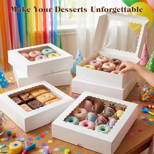 VGOODALL 7 Set Cupcake Boxes, 10x10x2.5Inches Cupcake Carrier Bakery Boxes with Windows and Inserts to Hold Muffins Strawberry and Pastries