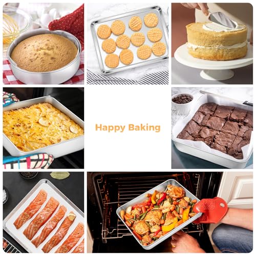 E-far Stainless Steel Baking Pan Set, 6-Piece Metal Bakeware Sets Include Cookie Sheet, Round Square Rectangle Cake Pans, Non-toxic & Dishwasher Safe - size: 6-Piece Set