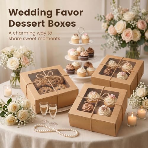 OAMCEG 6x6x3Inch Cupcake Boxes with Window,50 Pcs Cookie Bakery Boxes,Brown - color: brown-stickerA-50pcs