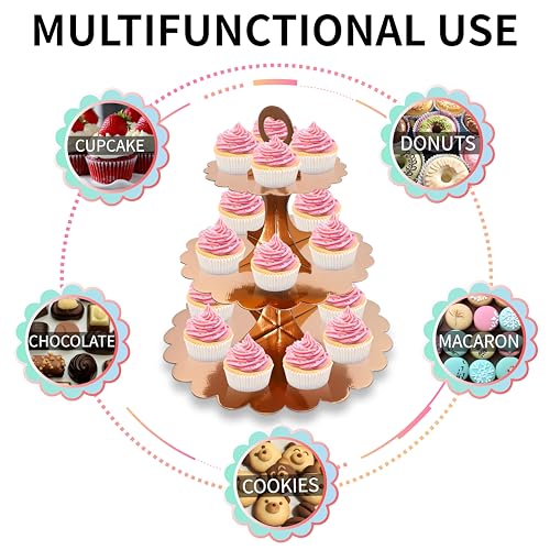 2 Pack 3 Tier Rose Gold Cupcake Stand for 24 Cupcakes, Cardboard Cake Tower for Parties and Celebrations - color: Rose Gold 2 Pack