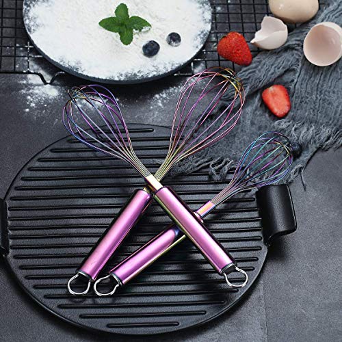 Berglander Rainbow Whisk Pack of 3 Stainless Steel 8",10",12", Titianium Plating Colorful Whisk for Cooking, Beater,Wire Whisk Set Kitchen Wisk (Rainbow) - color: 7. Rainbow