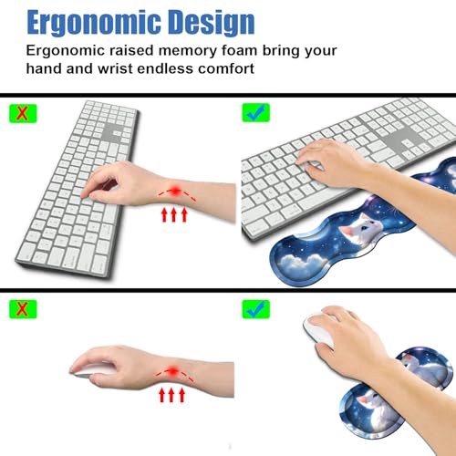 4 in 1 Ergonomic Memory Foam Mouse Pad Wrist Rest Set, Large XXL Gaming Desk Pad + Keyboard Wrist Rest + Mouse Wrist Cushion + Coaster for Home Office Study Gaming, Cute Cat - color: Cute Cat