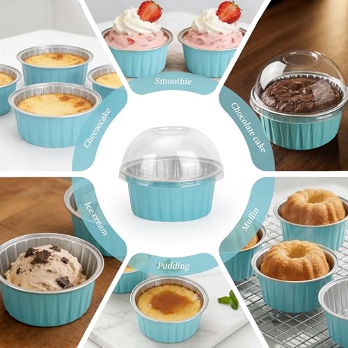 100-Pack 5 oz Mint Blue Mini Cake Pans with Lids, Disposable Aluminum Foil Baking Cups, Muffin Tins, Ramekins for Cupcakes, Brownies, Flan, Pudding - Baby Shower, Bridal Shower & Birthday Party - color: Mint Blue
