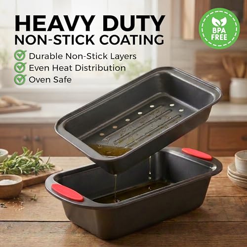 PERLLI Nonstick Meatloaf Pan with Drain Tray, Elevated Inner Pan for Fat and Grease Removal, Easy Grip Silicone Handles, Dishwasher Safe with Heavy-Duty Carbon Steel Bakeware for Even Heating (Gray) - color: Gray