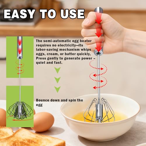 Semi-automatic Whisk, Stainless Steel Egg Whisk, Hand Mixer Egg Beater, Egg Spinner, Wisking Tool, Hand Push Mixer Stirrer for Blending, Whisking, Beating & Stirring (12in)
