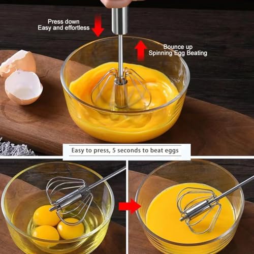 Stainless Steel Semi-Automatic Whisk Hand Push Rotary Whisk Blender with Wood Handle Egg Beater Hand Push Mixer Stirrer Egg Scrambler for Blending, Whisking, Frothing, Beating & Stirring (14in)