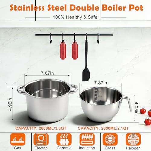 Double Boiler Pot Set 2.1QT & 3.0QT, Stainless Steel Chocolate Melting Pot - size: 2000 ml + 2800 ml