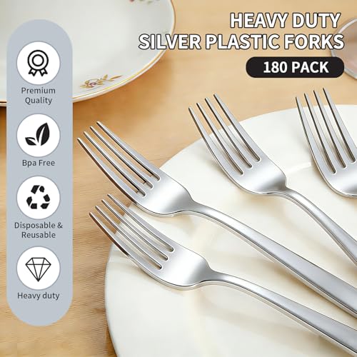 180 Count Silver Plastic Forks Heavy Duty, Disposable Plastic Silverware - color: Silver