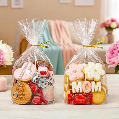 rebucas Cellophane Bags Flat Bottom Cookie Bags Cellophane Treat Bag with Twist Ties for Candy, Cookies, Popcorn, Small Gift Wrapping, 50 Pack 7x10 Inches, Clear - size: 7x10 inch (Pack of 50)