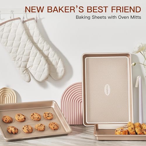 HONGBAKE 3 Pack Gold Nonstick Baking Sheet Pan Set with Oven Mitts Heat Resistant, Non-Toxic Half/Quarter/Jelly Roll Pans with Diamond Texture Pattern, Heavy Duty 0.8mm Thick Cookie Trays for Cooking - color: Champagne Gold (Carbon Steel) + Mitts