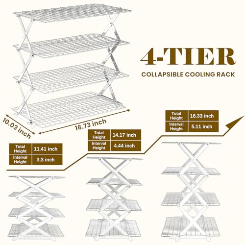 BEWOS 4 Tier Collapsible Cooling Rack - Adjustable Stainless Steel Baking Rack with Leak-Proof Mesh, X-Shaped Structure Cooling Rack for Cooking and Baking, Dishwasher Safe - color: Silver, size: 4 Tier