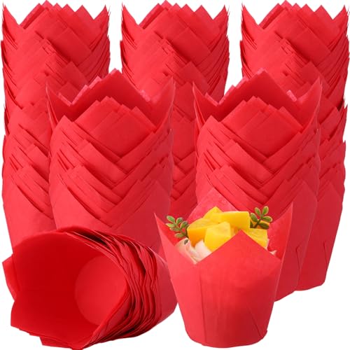 600 Pcs Tulip Cupcake Liners, Solid, Red - color: Red