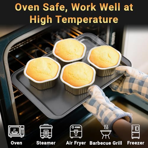 Beasea Disposable Baking Cups with Lids, 50 Pack 20oz 598ml Aluminum Foil Ramekins Pans Hexagon Individual Cupcake Desserts Containers Creme Brulee Pudding Souffle Oven Tins for Party - Gold - color: Gold, size: 20oz