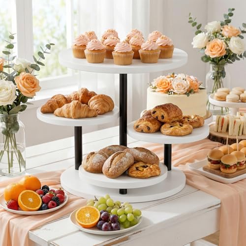 Dessert Stands for 50 Cupcakes 360°Rotating Wood Cupcake Stands Wedding Cake Stand 4 Tiered Cookie Serving Trays for Party Birthday Baby shower Afternoon Tea Dessert Table, White - color: White