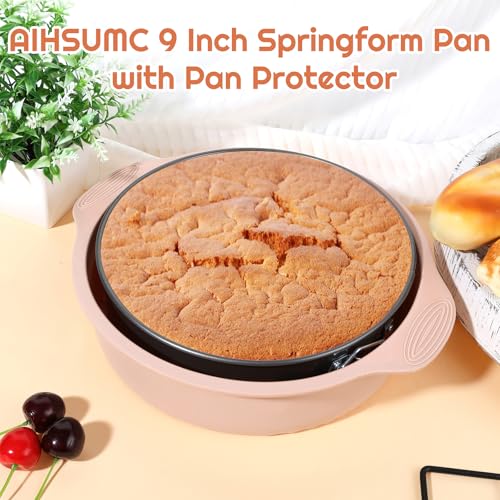 9 Inch Springform Pan with Pan Protector, Non-stick Leakproof Springform Cake Pan with Removable Bottom, Silicone Cheesecake Pan Protector Preventing Water from Entering the Springform Pan