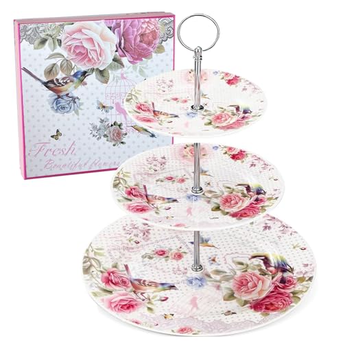ONEUSTAR Porcelain 3 Tier Serving Tray Floral Dessert Stand with Gift Box - color: Pink