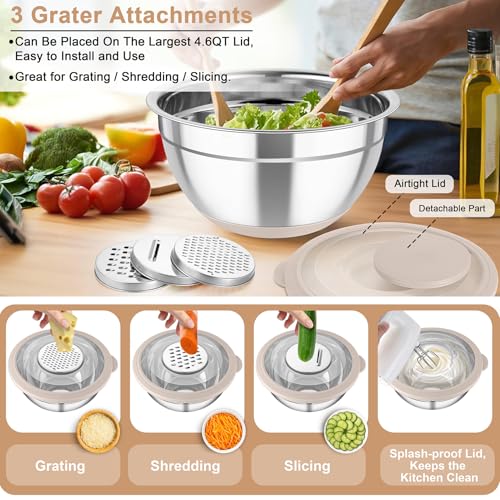 TeamFar Mixing Bowls with Colander, Stainless Steel Salad Bowls, Khaki - color: Khaki