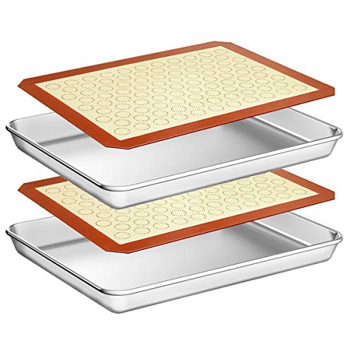 Wildone Baking Sheet with Silicone Mat Set, Set of 4 (2 Sheets + 2 Mats), Wildone Stainless Steel Cookie Sheet Baking Pan with Silicone Mat, Size 9 x 7 x 1 inch, Non Toxic & Heavy Duty & Easy Clean - size: 9 x 7 x 1 inch