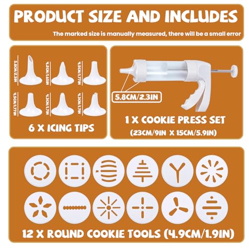 Cookie Press Gun White - Spritz Cookie Press Kit with 12 Discs & 6 Piping Tips | Perfect for Thanksgiving Christmas, Baking & Cake Decorating