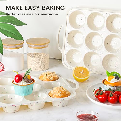 Vinino 1Pack Silicone Muffin Pan for Baking with Metal Reinforced Frame, 12 Cup Regular Size Cupcake Pan, BPA Free Silicone Muffin Tray, Cupcake Baking Pan Molds for Oven Dishwasher Safe - Cream - size: Standard