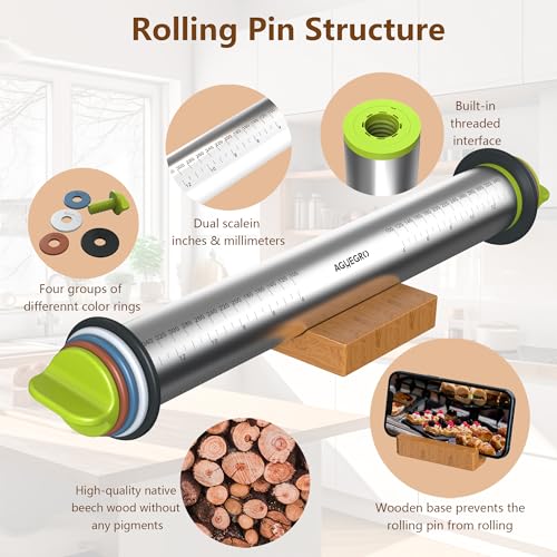 Stainless Steel Rolling Pin with Thickness Ring&Wood Stand For Baking Dough - color: Rolling Pin+Stand