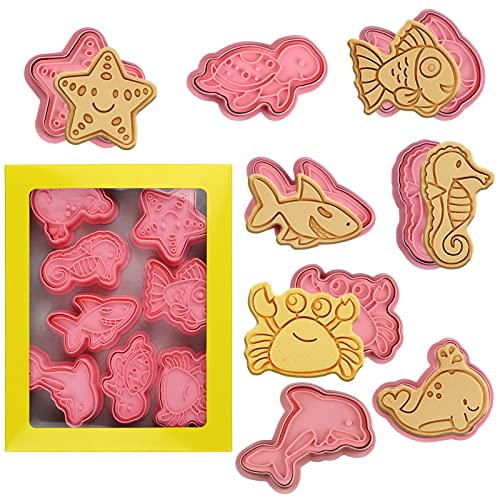 8 Piece Ocean Cookie Cutters With Plunger Stamps Set - color: Ocean Creature Cookie Cutters With Plunger Stamps