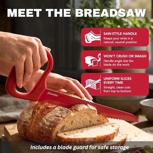 Sourdough Bread Knife, 8" Serrated Blade with Ergonomic Handle, Stainless Steel, Red - color: Red