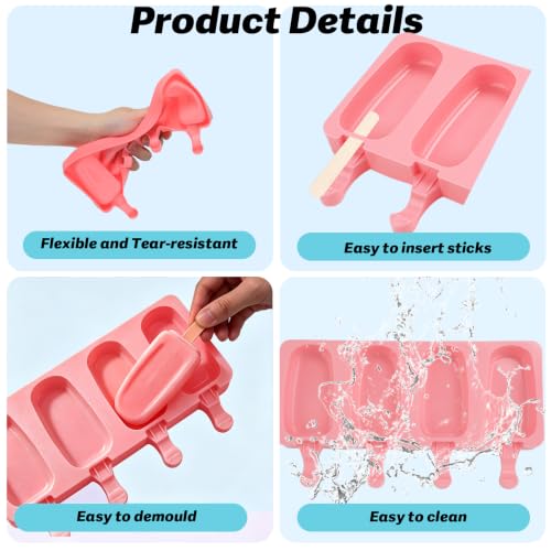 Silicone Popsicle Molds, 2 Pcs Pink Popsicles Molds, 4 Cavities Ice Cream Mold with 50 Wooden Sticks for Making Cakesicles Fudgesicle Candy DIY Cake Ice Pop Summer Party Supplies - color: Pink