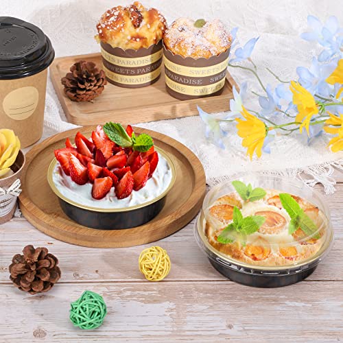 Beasea 50 Pack 4” Mini Pans with Lids, 8oz Disposable Aluminum Baking Foil Tins Round Small Dark Red Spot Container for Individual Cupcake Dessert Muffin Ramekin Cheesecake Quiche Oven Dishes - color: Dark Red Spot in Black