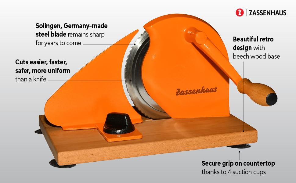 Zassenhaus Original Classic Adjustable Bread Slicer for Uniform Slices - Bread Slicer for Homemade Bread - 18/8 Stainless Steel Blade Sourdough Cutter -Orange, 11.75" x 8" - color: Orange, size: 11.75" x 8" x 4.7"