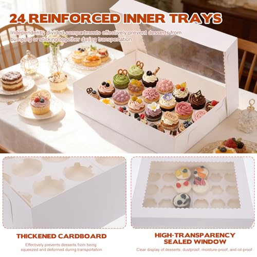 10 Pack 24 Count White Standard Cupcake Boxes with Clear Window & Inserts, Food Grade Cupcake Boxes, 15"x11"x4" Disposable Baking Carrier for Pastries, Party Favors & Takeout - color: White (10 Pack)