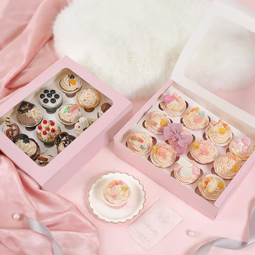 Moretoes 7PCS Pink Cupcake Boxes with Window(12 Count Cupcake Containers) - color: Pink, size: 12.8*10*3.5inch