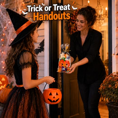 NPLUX Halloween Cellophane Treat Bags, 100 Pack, 4 Designs, 4.8 x 10.6 in - color: Halloween Designs-4.8×10.6 Inch-100