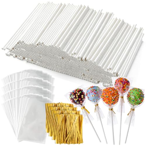 1200Pcs White Lollipop Sticks, 6IN Cake Pop Sticks with Clear Treat Bags & Gold Twist Ties for Candy Making Accessories - color: 1200PCS white