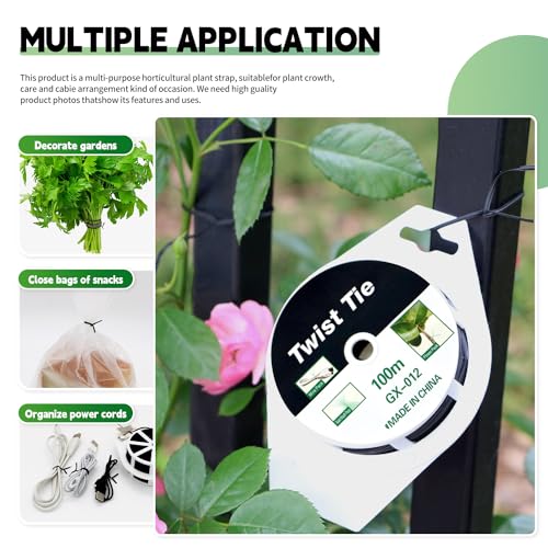 (2 Reels) Garden Wire, Twist Ties Heavy Duty with Cutter 328 Ft Multi-Function Black Coated Tape to Support Plant Tie Up Bags for Home Office Black(328 Feet / 100 m) - color: Black
