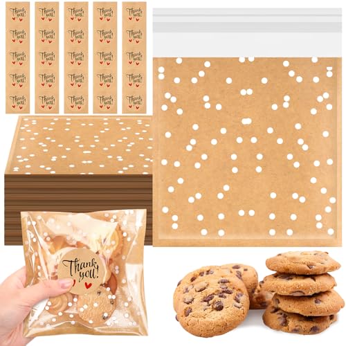 Fuyoooo 50 Pcs Self Adhesive Cookie Bags Cellophane Polka Dot Treat Bags Small Plastic with Thank You Stickers for Party Gift Giving Bakery Biscuit Candy Pastry (5.6 x 5.6 Inch) - size: 5.6 x 5.6 inch