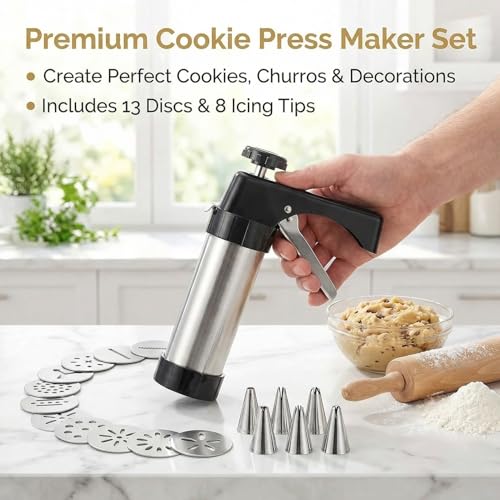 Cookie Press Kit, Stainless Steel Cookie Gun with 13 Discs & 8 Nozzles, Effortless Cookie Maker and Frosting Decorating Tool for Bakers