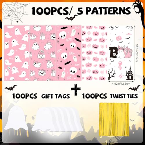 woric 100 Set Pink Ghost Halloween Treat Bags Cellophane Candy Bags - color: Pink Ghost