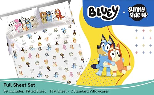 Sunny Side Up Bluey & Friends Full Sheet Set - 4 Piece Kids Bedding Set Includes Pillow Cover - Super Soft Microfiber Sheets - color: White - Bluey, size: 4 Piece Full