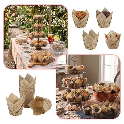 200 Pcs Newspaper Tulip Cupcake Liners for Baking, Natural Color - color: Natural Newspaper