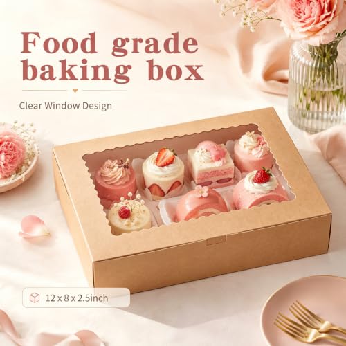18pcs Auto-popUp Brown Cookie Boxes with Window,12x8x2.5 Inch Bakery Boxes|Sturdy Large Treat Box For Pies Chocolate Strawberries Donuts Pastry Dessert |350gsm Food-grade Thickness Cardboard - color: Brown/18pcs