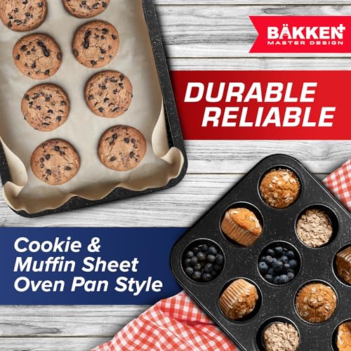 BAKKEN 10-Piece Kitchen Baking Pan Set - Commercial Grade Carbon Steel Bakeware, With Nonstick Coating, Stackable and Space-saving Design, PFOA, PFOS, PTFE Free, Oven Safe (Up To 450°F), Gray Marble - color: Gray Marble, size: 10 Piece Set