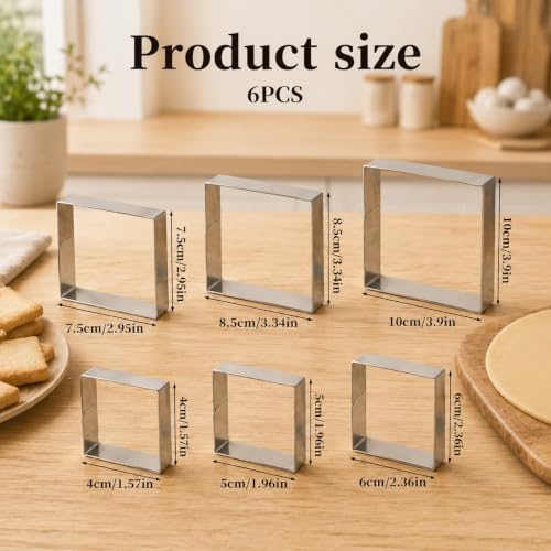 6PCS Square Cookie Cutter Set, Stainless Steel Square Cutter Cookie Cutters for Baking, Cookies, Biscuits 6 Sizes (1.5, 2, 2.5, 3, 3.5, 4 Inch)