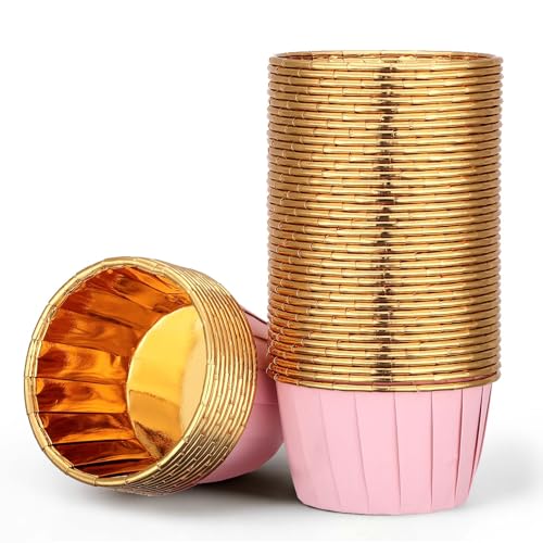 EUSOAR Cupcake Liners, 50pcs 3.5oz Aluminum Foil Wrappers Muffin Cupcake Containers, Disposable Dessert Ramekins Paper Baking Cups Mini Cheesecakes Holders for Birthday Wedding Party-Pink/Gold - color: Pink/Gold, size: 50pcs