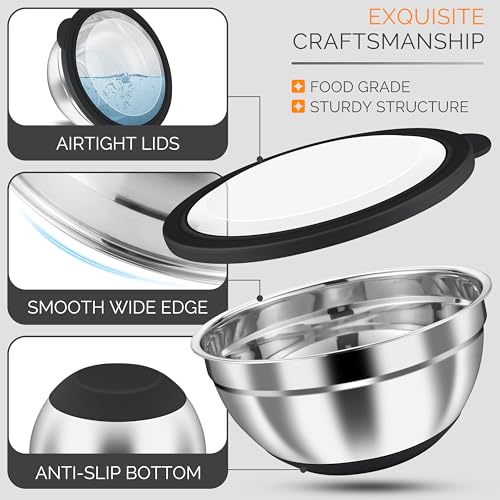 HaWare Stainless Steel Mixing Bowls with Airtight Clear Lids, 24PCS, Black - color: Black