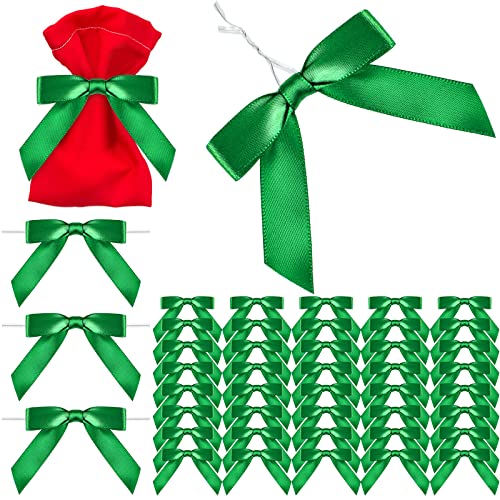 WILLBOND 100 Pcs Green Bows Twist Tie Satin Treat Bags,5/8 Inch,Green - color: Green