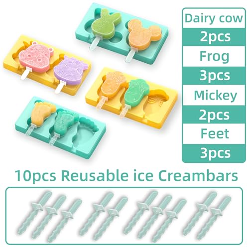 Kids Cartoon Popsicle Molds - 4 Pack, 10-Cavity Food-Grade Silicone Ice Pop Cream Molds, with Reusable Sticks, Non-Stick Flat Design, Easy Release, Stackable for Space Saving - color: Mouse + Dairy cow + Frog + Feet