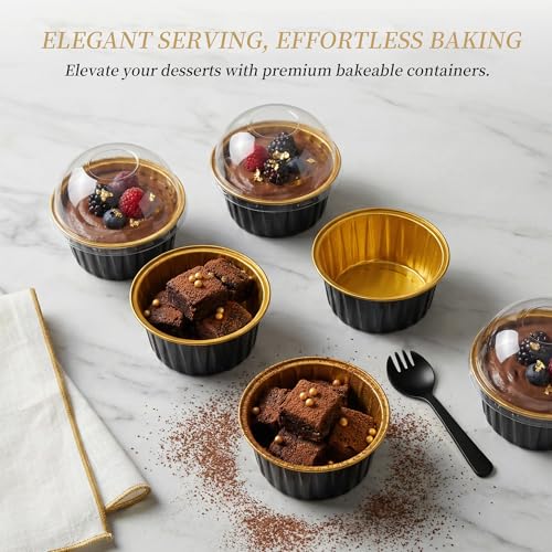100-Pack 5 oz Black Gold Mini Cake Pans with Lids, Disposable Aluminum Foil Baking Cups, Muffin Tins, Ramekins for Cupcakes, Brownies, Flan, Pudding - Wedding, Birthday Party Supplies - color: Black/Gold