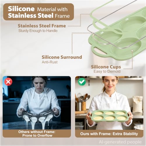 Green Silicone Egg Pans for Baking：2 Pack 4 Inch Egg Muffin Pan with Frame - color: Green